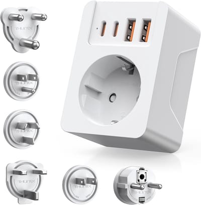 SnelShoppen - Universele Reisadapter Wereldwijd met 6 Afneembare Stopcontacten en USB C (PD20W) voor Duitsland, Engeland, Thailand, Italië, Australië
