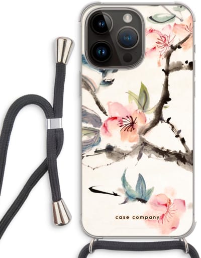 Case Company® - Hoesje met koord geschikt voor iPhone 14 Pro Max hoesje met Koord - Japanse bloemen - Telefoonhoesje met Zwart Koord - Bescherming aan alle Kanten en Over de Schermrand