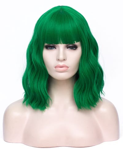 KIMU® Luxe Groen Pruik Schouderlengte - Rechte Pony Krullen - Donkergroen Festival