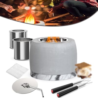 Kleine Betonnen Haard - Alcoholbrander Met Rookloze Vlam - 60 Minuten Brandtijd Metalen Afdekking - Handgemaakt Duurzaam - Voor Woonkamer, Tuin En Terras - Grijs