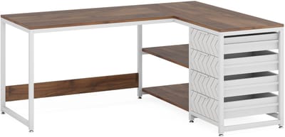 DMG Supply Hoekbureau - L-vorm - Omkeerbaar - 4 Lades - 2 Planken - Bruin en Wit - 150 x 110 x 75 cm