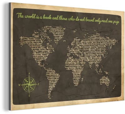 Aluminium schilderij 120x80 cm - Wanddecoratie metaal - Wereldkaart - Quote - Boeken - Metalen muurdecoratie woonkamer - Decoratie industrieel - Foto op dibond - Industriële accessoires slaapkamer
