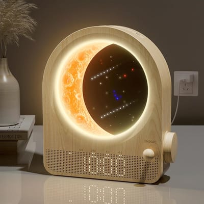 Wekker Maanlamp - Nachtlamp - Rustig Ontwaken - Dubbel Alarm - 15 x 5 x 18.5 cm - Houtnerf