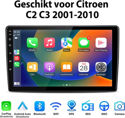 Junsun Android 15 Autoradio Geschikt Voor Citroen C2 C3 2001-2010 Accessoires - 4GB+64GB - Draadloze CarPlay & Andriod Auto - GPS-navigatiesysteem - Bluetoot - Stuurwielbediening - WiFi - 9-inch Touchscreen - RDS - USB