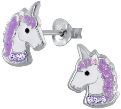 Joy|S - Zilveren eenhoorn oorbellen - unicorn oorknoppen paars kristal