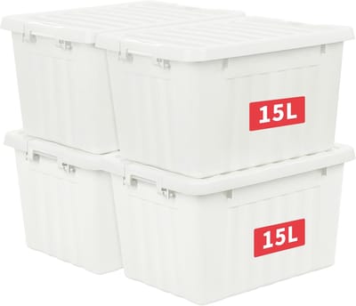 Opbergbox Set - Opbergbakken Stapelbaar - Ruimte Organiseren - Met Sluitclip - 4 Stuks 15L - Wit