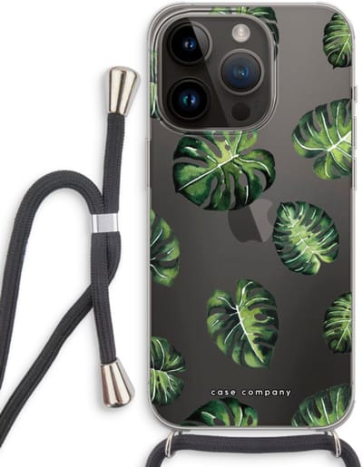 Case Company® - Hoesje met koord geschikt voor iPhone 14 Pro hoesje met Koord - Tropische bladeren - Telefoonhoesje met Zwart Koord - Bescherming aan alle Kanten en Over de Schermrand