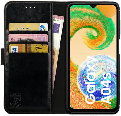 Rosso Element Book Case Wallet Hoesje Geschikt voor Samsung Galaxy A04s | Portemonnee | 3 Pasjes | Magneetsluiting | Stand Functie | Zwart
