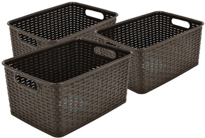 Opbergmand 10L Set van 3 – Kunststof Opbergbox Mandjes Riet Look – Keukenkast & Kledingkast Organizer – Plastic Opbergdoos 33x22x15,5 cm