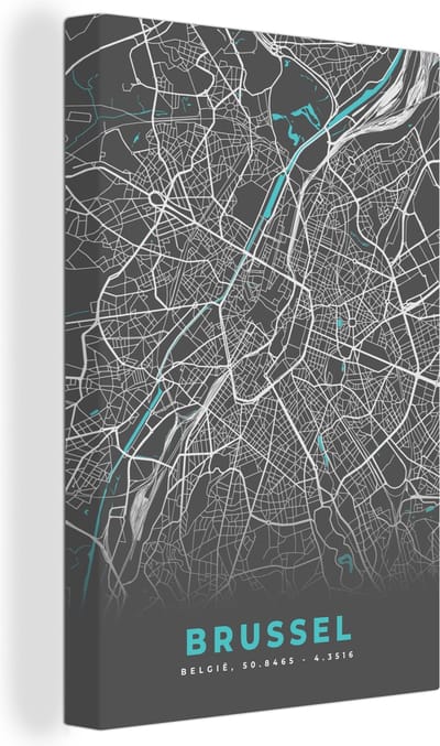 Canvas Schilderij België – Brussel – Stadskaart – Kaart – Blauw – Plattegrond - 20x30 cm - Wanddecoratie