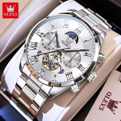 HO-3640.z : Olevs zilverkl edelstaal chronografisch quartz horloge, 2de tijdzone & uren & minuten & maanfase -aanduiding