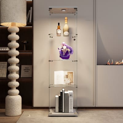 Glazen vitrinekast met 4 planken, glazen vitrinekast met één deur, LED-verlichting en slot, voor hal, woonkamer, slaapkamer, wit