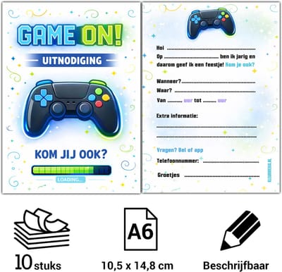 Uitnodiging kinderfeestje Gaming - Voordeelset 20 stuks - Beschrijfbaar - Uitnodigingskaarten - Uitnodiging verjaardag - uitnodiging verjaardag feest - Uitnodiging kinderfeestje Jongen of Meisje - Uitnodiging feestje - uitnodigingen