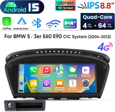 Junsun autoradio Geschikt voor BMW E60 E61 E90 E91 CIC Systeem, Android 15 - Achteruitrijcamera Draadloze CarPlay & Andriod Auto, DAB+, GPS-navigatie, Bluetooth, 8,8 Inch TouchScreen, SWC, WiFi, DSP, FM , 4+64GB, DSP & 4G, Octa-core processor