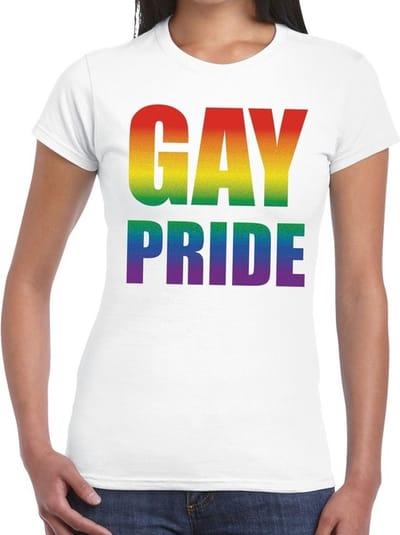 Gay Pride t-shirt wit - shirt met regenboog tekst voor dames - lgbt kleding XS
