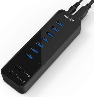AUKEY SuperSpeed 7-poorten USB 3.0-hub met 2 slimme oplaadpoorten (tot 2.4A) met USB 3.0-kabel en 12V 4A-voedingsadapter, CB-H18