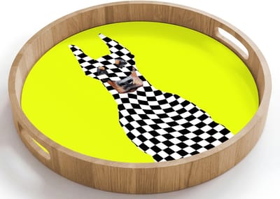 Dienblad rond 40x40 cm - Schootdienblad hout - Dobermann - Geblokt - Geel - Borrelplank rechthoek - Plateau houten dienbladen