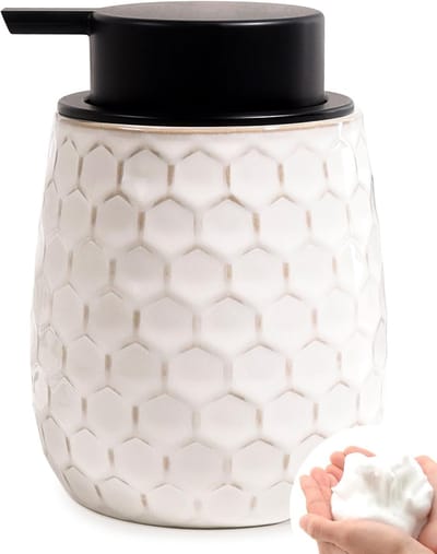 Schuimende zeepdispenser van keramiek, 320 ml met grote pompkop en honingraatontwerp, ideaal voor keuken en badkamer, navulbare handwasdispenser voor dagelijks gebruik