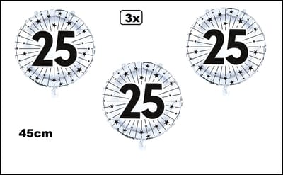 3x Luxe Folieballon 25 jaar zilver (45 cm) - NIET geleverd met helium -Thema feest land festival party fun folie ballon