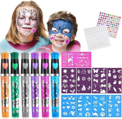 Tattoostiften Kinderen - Glitter Tattooset - Creatief Spelen - 330 Gezichtsedelstenen - 6 Stiften 9 Sjabloon - Multicolor