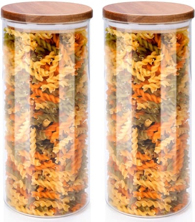 Voorraadpot/bewaarpot Foodking - 2x - borosilicaat glas - 1250 ml - glas/hout - D9.5 x H21 cm - voedsel bewaren