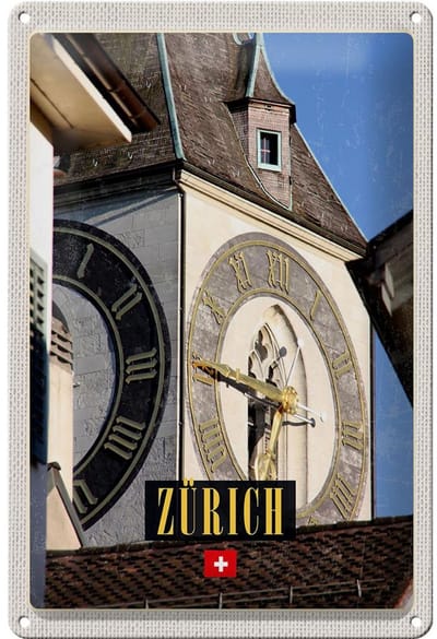 Blechschild Reise 20x30cm Zürich Kirchenuhr Gold Architektur
