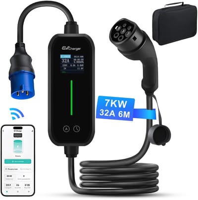Cestovet 1 Fase EV Mobiele Thuislader - 7kW Type 2 - 6 Meter Kabel - 1 Jaar garantie - 6A/8A/10A/13A/16A/20A/24A/32A - EV-oplader met LCD Display - pladen vanaf stopcontact EU - inclusief opbergtas