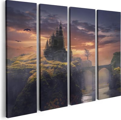 Artaza Canvas Schilderij Vierluik Oud Kasteel op een Heuvel  - 80x60 - Foto Op Canvas - Canvas Print