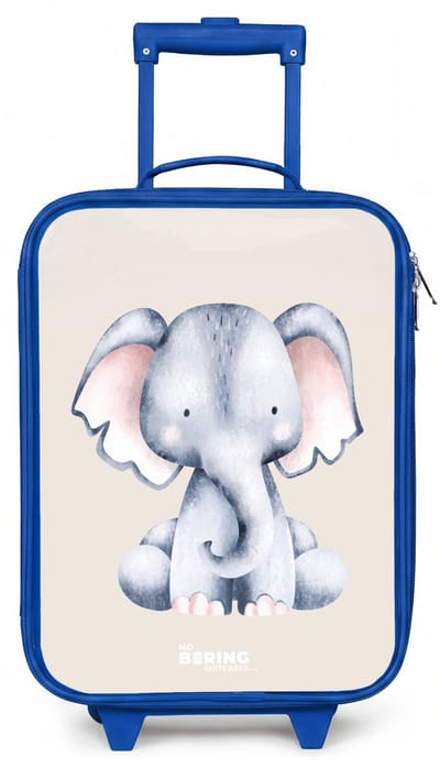 NoBoringSuitcases.com® - Kinderkoffer blauw - Kindertrolley jongen - Olifant tekening tegen een beige achtergrond - Koffer kind lichtgewicht - Reiskoffer trolley voor kinderen - Koffertje met lichtgevende wieltjes - Rolkoffer