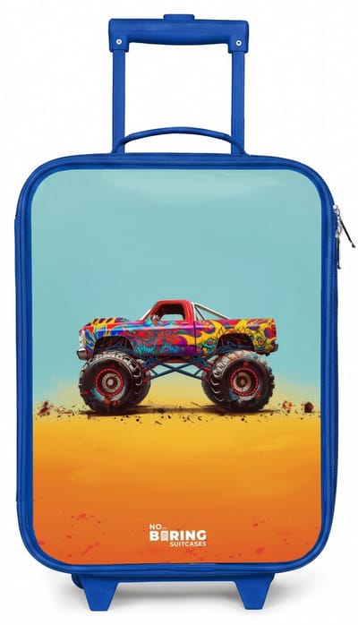 NoBoringSuitcases.com® - Kinderkoffer blauw - Kindertrolley jongen - Monstertruck met Graffiti Print in het Zand - Koffer kind lichtgewicht - Reiskoffer trolley voor kinderen - Koffertje met lichtgevende wieltjes - Rolkoffer