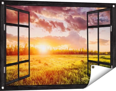 Gards Tuinposter Doorkijk Zonsopkomst in het Veld - 90x60 cm - Tuindoek - Tuindecoratie - Wanddecoratie buiten - Tuinschilderij