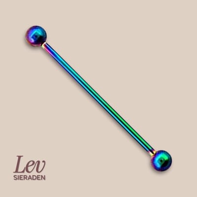 Lev Sieraden - 1.6x34mm Industrial barbell Rainbow - 5mm balletjes - Titanium piercing - tong piercing - Regenboog kleurig
