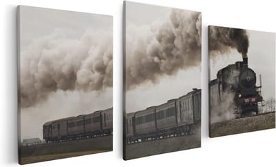 Artaza Canvas Schilderij Drieluik Locomotief Trein met Rook Wolken - 120x60 - Foto Op Canvas - Canvas Print