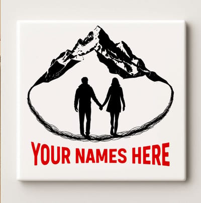 Gepersonaliseerde Koppel Tegel 15x15cm – Aangepast Namen Berg Ontwerp – Romantische Keramische Wanddecoratie – Perfect Cadeau voor Bruiloften of Jubilea