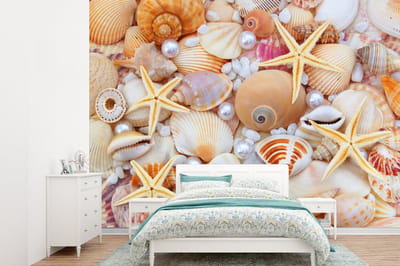 Behang - Fotobehang Schelpen - Parels - Zeesterren - Strand - Breedte 305 cm x hoogte 220 cm