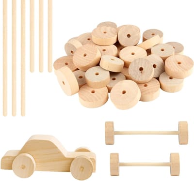 40 Stuks Houten Wielen en Rollen, Houten Sticks en Mini Schijven met Gaten voor Modelauto's en Creatieve Projecten