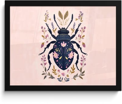 Poster in lijst - Fotolijst 40x30 cm - Posters - Donkerblauw - Kever - Bloemtakken - Sierlijk - Posterlijst zwart - Decoratie - Wanddecoratie woonkamer - Muurdecoratie slaapkamer