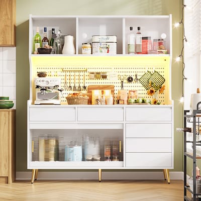 Wishdor Hoge Kast - Schuifdeuren Met Geribbeld Glas - Ledverlichting Met App-Bediening - Metalen Pootjes - Wit - 145 X 39 X 171 Cm