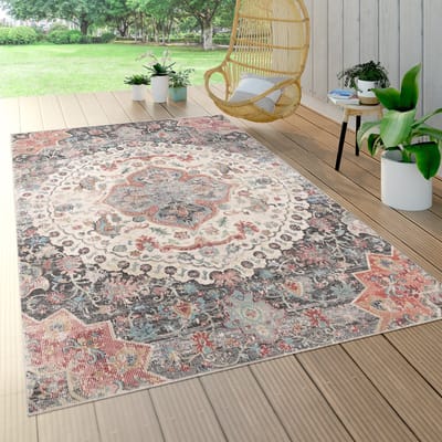 Paco Home vloerkleed voor binnen en buiten, laagpolig voor op het balkon terras, oriëntaals patroon grijs 80x150 cm