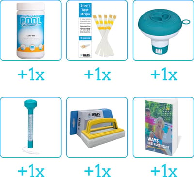 Zwembad Onderhoudspakket - Onderhoud Zwembad - bevat Chloor - Testrips - Chloordrijver - Thermometer - Scrubborstel en Zwembadgids (6-delig)