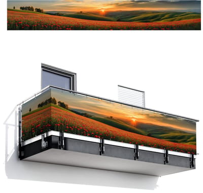 Balkonscherm 500x75 cm - Balkonposter Klaprozen - Bloemen - Heuvels - Zonsondergang - Balkon scherm decoratie - Balkonschermen - Balkondoek zonnescherm