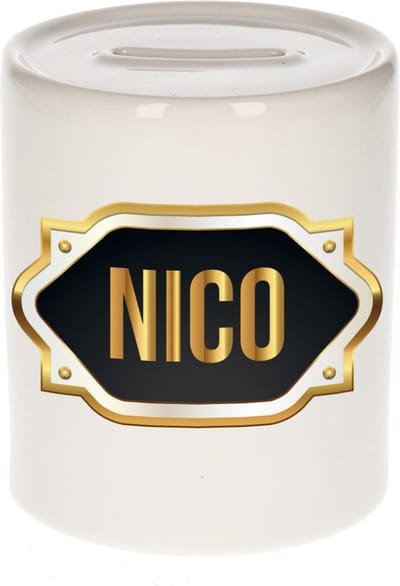 Spaarpot met voornaam Nico - wit - met goud/zwart embleem - 8 x 9 cm - keramiek - met afsluitdop - cadeau verjaardag