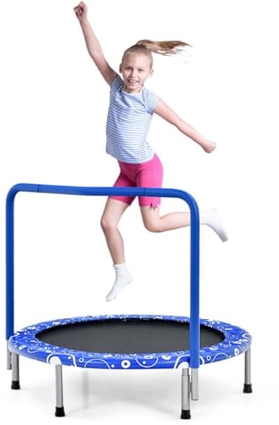 KOMFOTTEU Mini-trampoline voor kinderen, diameter 92 cm, opvouwbaar, fitness trampoline met handgreep en veiligheidsafdekking, tuintrampoline tot 150 kg, jumping trampoline voor binnen en buiten