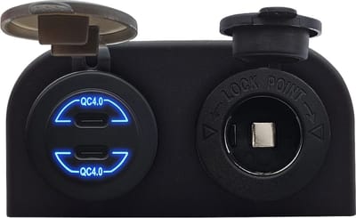 ProRide 12V USB C Autolader 2 Poorten Opbouw - 30W/QC4.0 - met 12/24V Sigaretten stopcontact - Blauw
