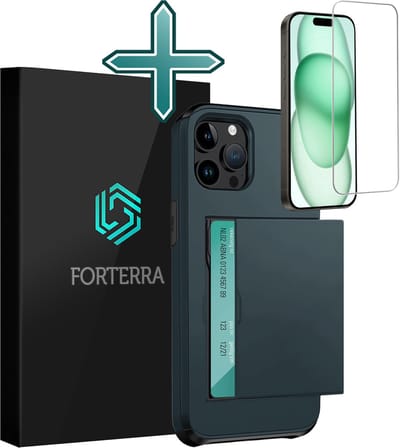 Hoesje Geschikt voor iPhone 15 Pro Pashouder Hard Case Hoes Met Screenprotector - Hoes Geschikt voor iPhone 15 Pro Hoesje Back Cover Met Pasjeshouder - Donkerblauw