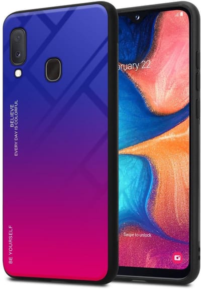 Cadorabo Hoesje geschikt voor Samsung Galaxy A10e / A20e in PAARS - ROOD - Tweekleurige beschermhoes van TPU-silicone Case Cover en achterzijde van gehard glas