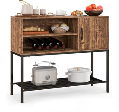 COSTWAY Sideboard met wijnrek en metalen plank, keukenkast van hout, wijnkast, 35 x 100 x 83 cm, consoletafel, buffetkast voor eetkamer, woonkamer, hal, entree, bruin