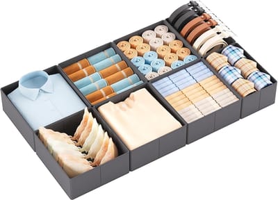 Famanu – Lade-organizer set van 8, opvouwbare stoffen opbergdozen met verstevigde bodem voor stofvrij sorteren van kleding in lades