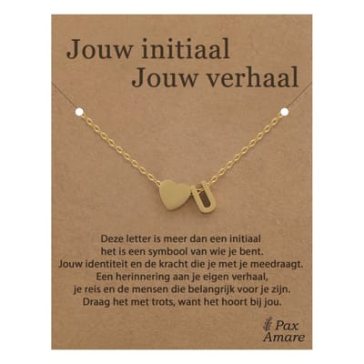Letter U ketting op Cadeau Kaartje - Jouw initiaal, jouw verhaal - 45cm Goudkleurig Stainless Steel - Initiaal & Hartje Hanger - Pax Amare