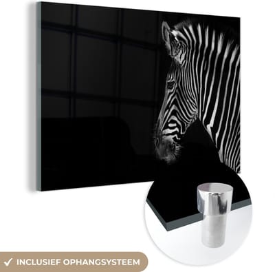 MuchoWow® Glasschilderij 120x80 cm - Schilderij acrylglas - Zebra - Wilde dieren - Zwart - Foto op glas - Schilderijen